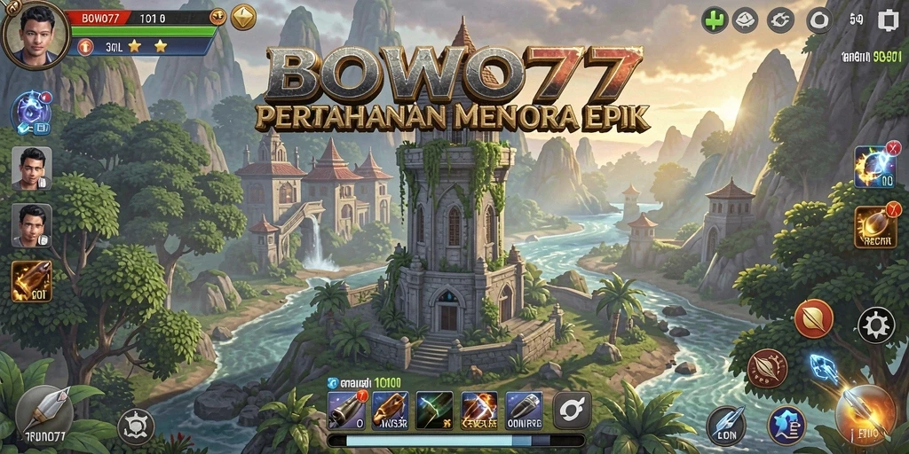 Screenshot gameplay BOWO77 menampilkan aksi pertahanan menara yang intens.
