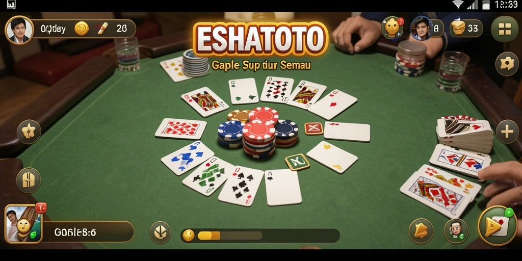 Screenshot utama ESHATOTO menampilkan gameplay Gaple yang dinamis.