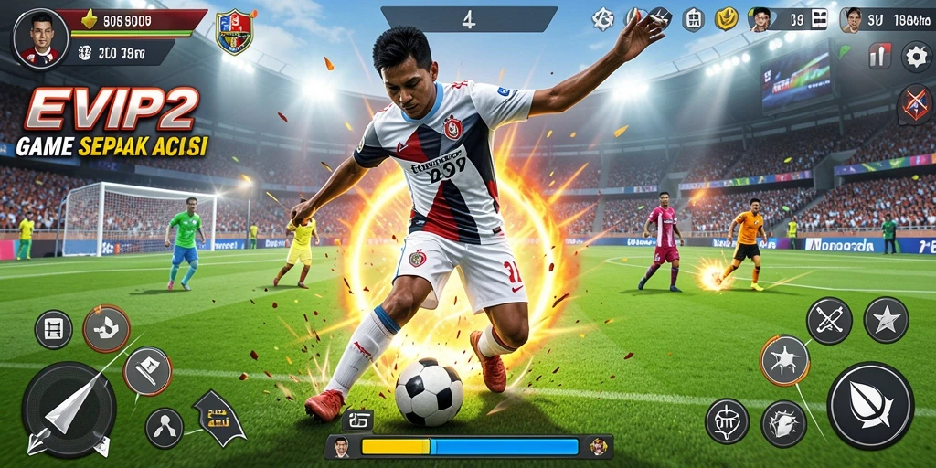 Tangkapan layar EVIP2 menampilkan aksi permainan sepak bola yang mendebarkan.