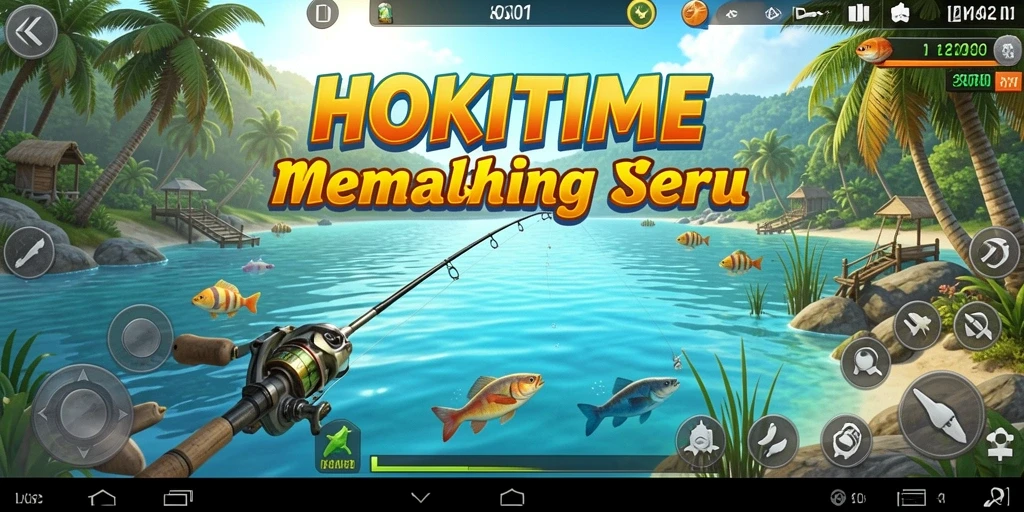 Tampilan gameplay HOKITIME dengan aksi memancing yang mendebarkan.