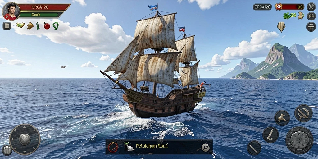 Screenshot utama ORCA128 menampilkan keindahan bawah laut dan gameplay petualangan.