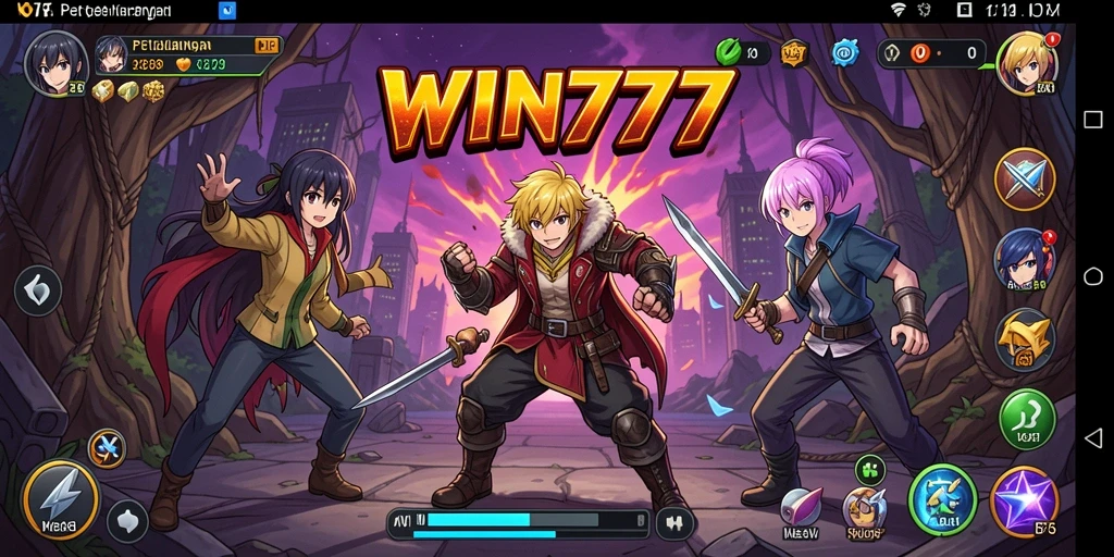 Screenshot utama WIN777 menampilkan karakter anime dalam aksi seru.
